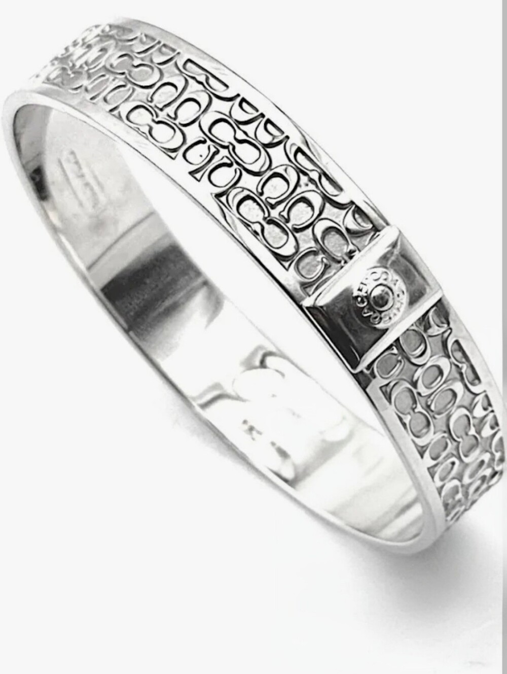 Coach Quilted Signature C Hinged Bangle Bracelet Silver Tone Push Button Clasp